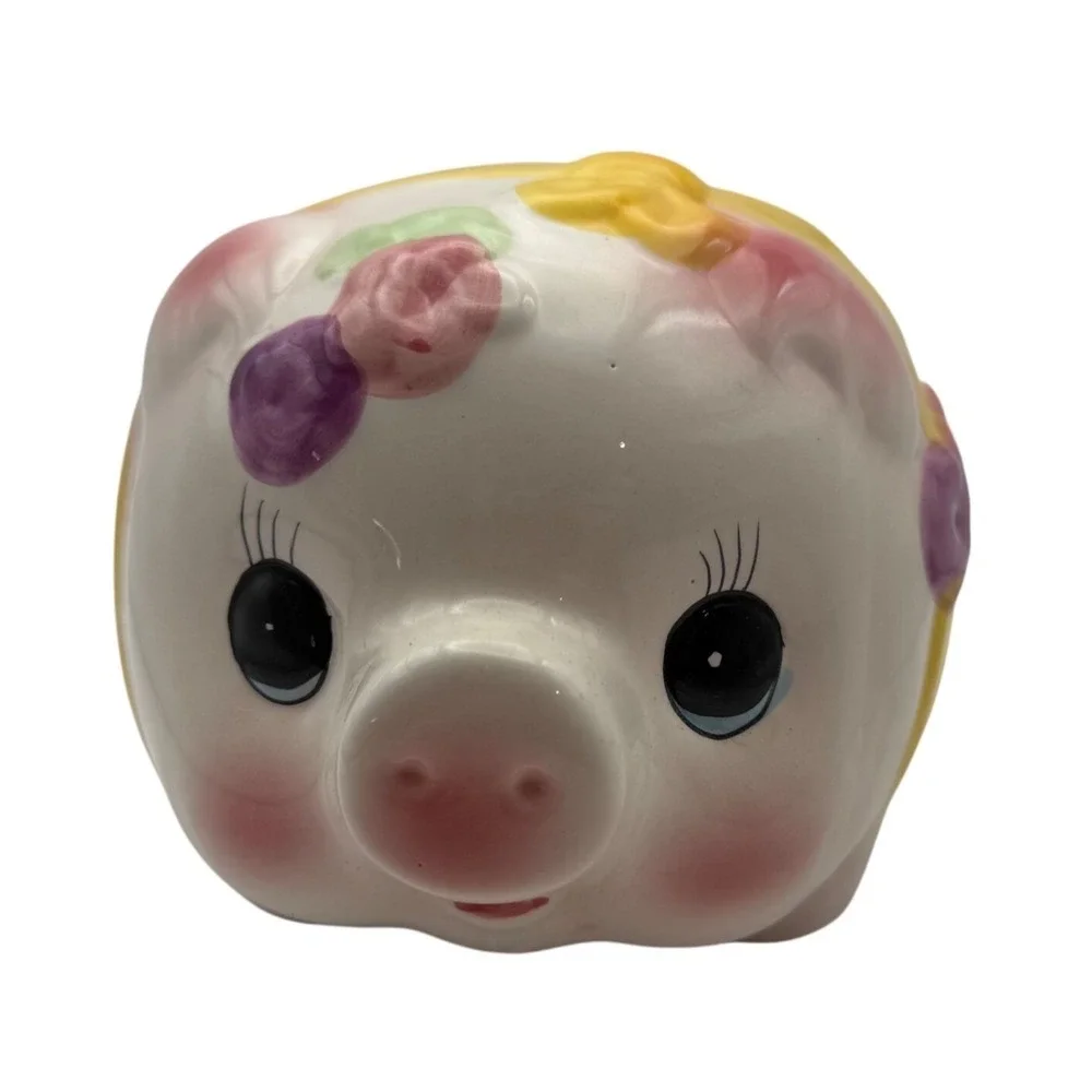Vtg Ceramic Piggy Bank with Yellow Bow & Flowers Cute Coin Bank Nursery Decor
